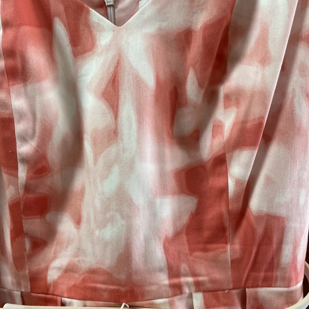 Calvin Klein Watercolor Belted Dress Pleated  Size 8 Pink White V Neck